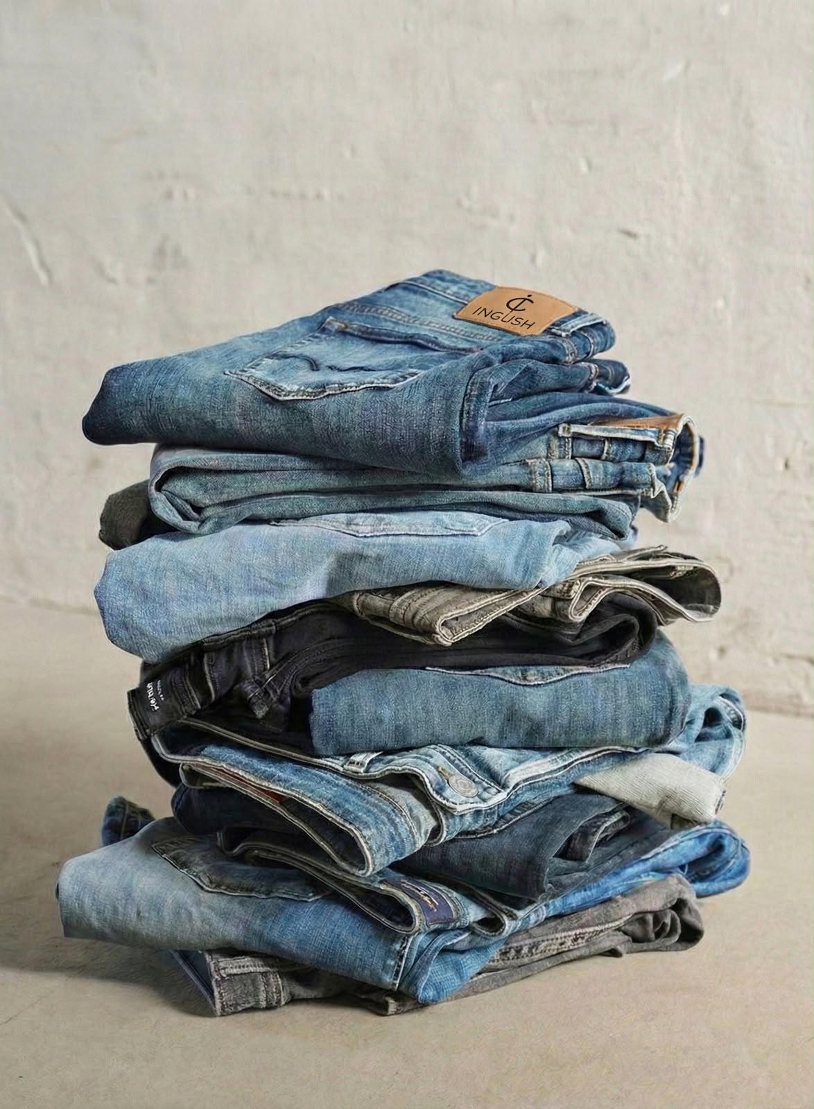 Folded Inglish denim with the leather brand patch