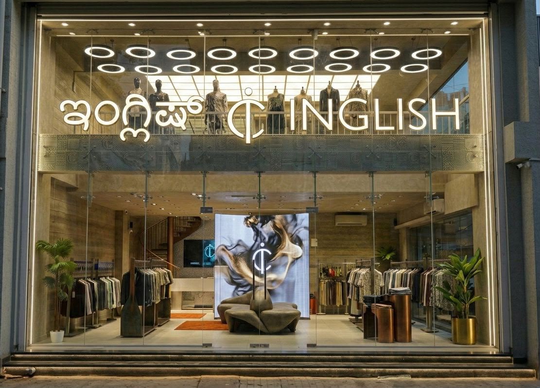 The Inglish flagship storefront, lit at dusk