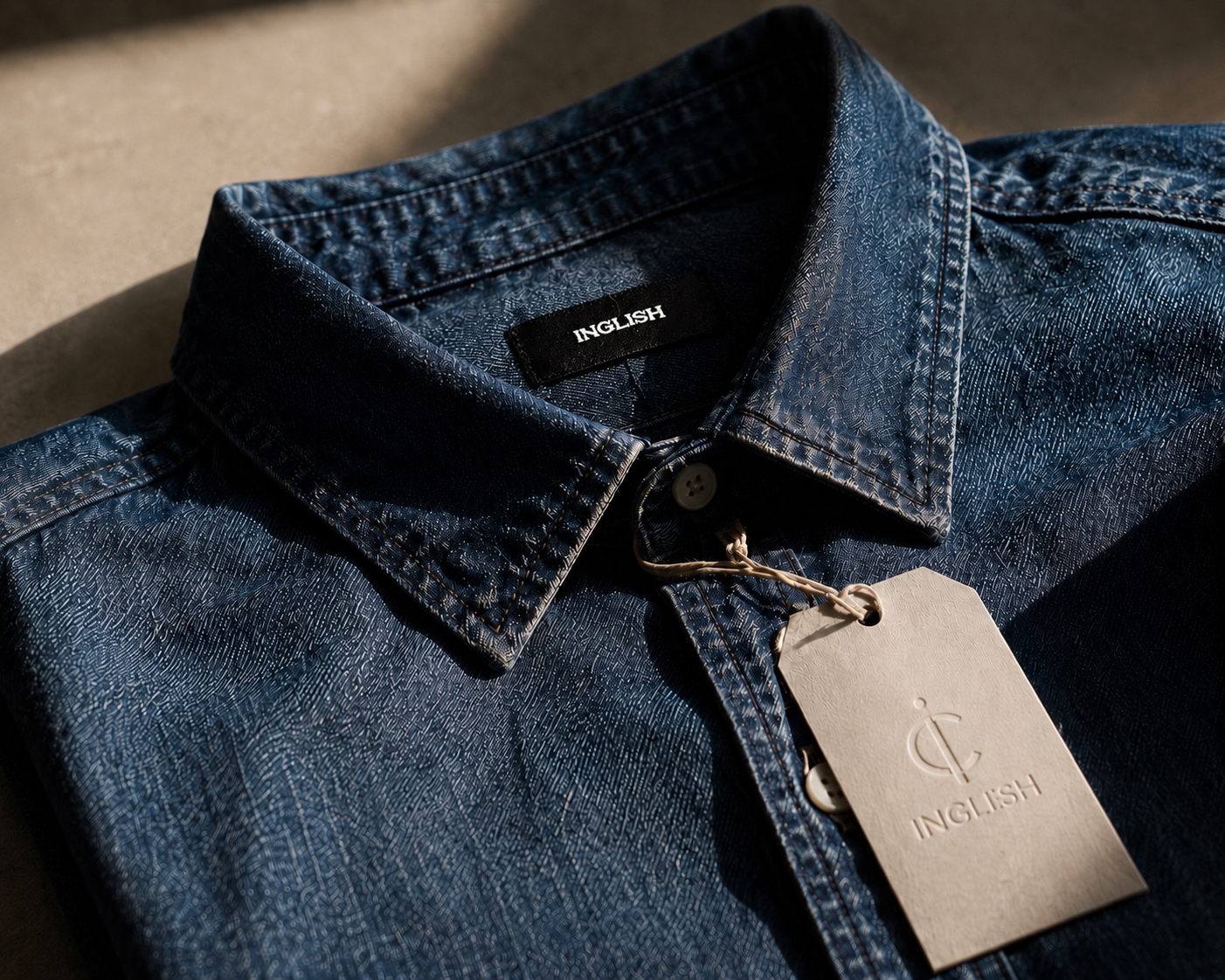 Indigo denim shirt collar with the Inglish kraft tag
